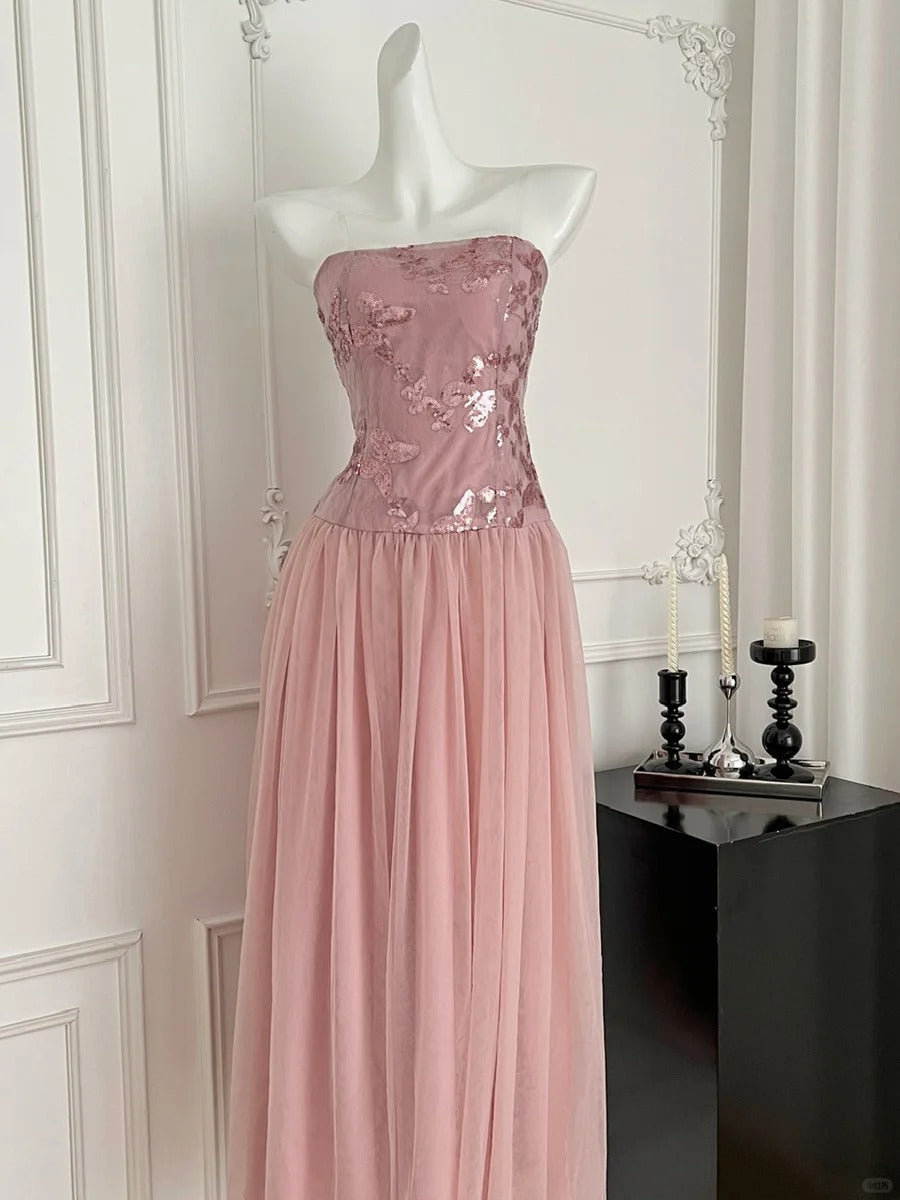 Elegant Pink A-Line Tube Top Sequined Tulle Long Classy Prom Dress Bridesmaid Dress