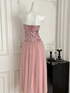Elegant Pink A-Line Tube Top Sequined Tulle Long Classy Prom Dress Bridesmaid Dress