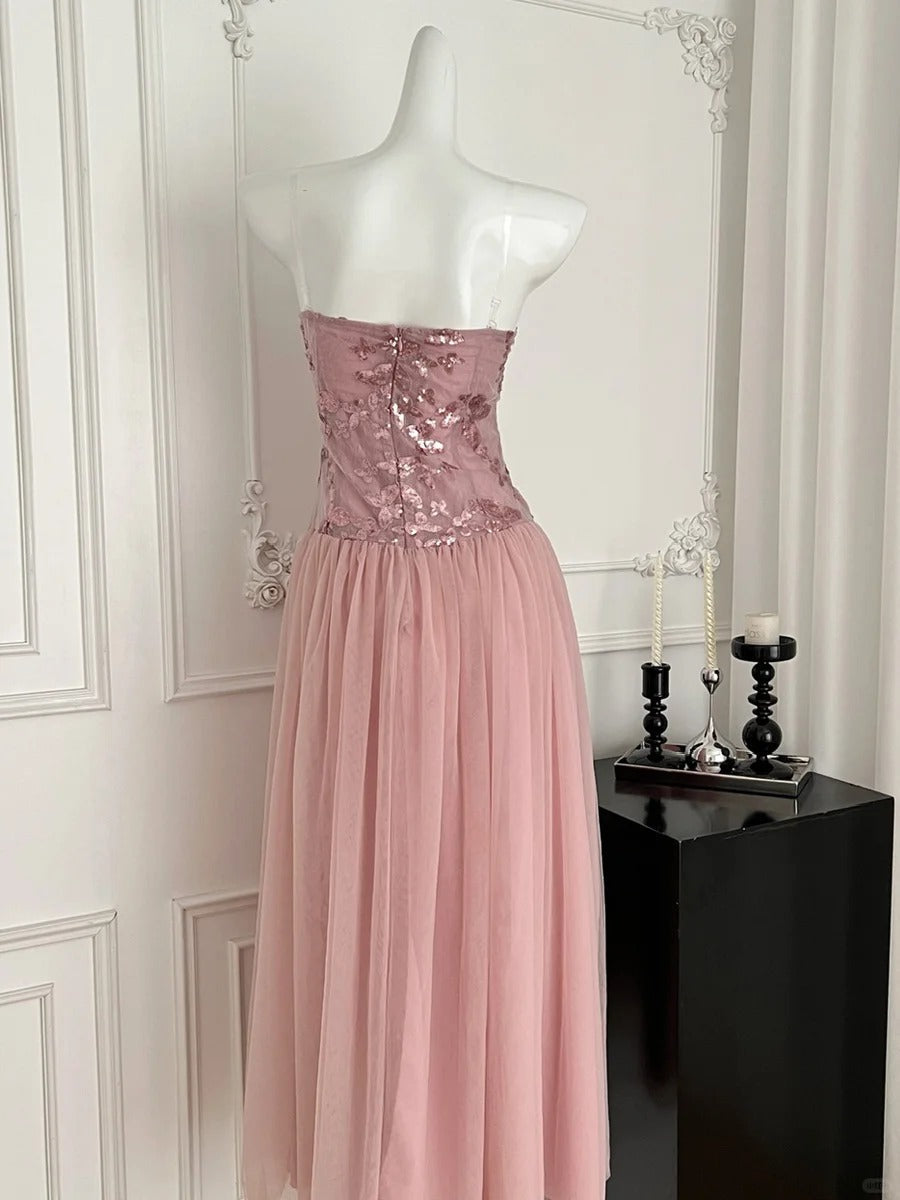 Elegant Pink A-Line Tube Top Sequined Tulle Long Classy Prom Dress Bridesmaid Dress