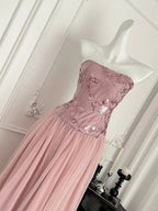 Elegant Pink A-Line Tube Top Sequined Tulle Long Classy Prom Dress Bridesmaid Dress