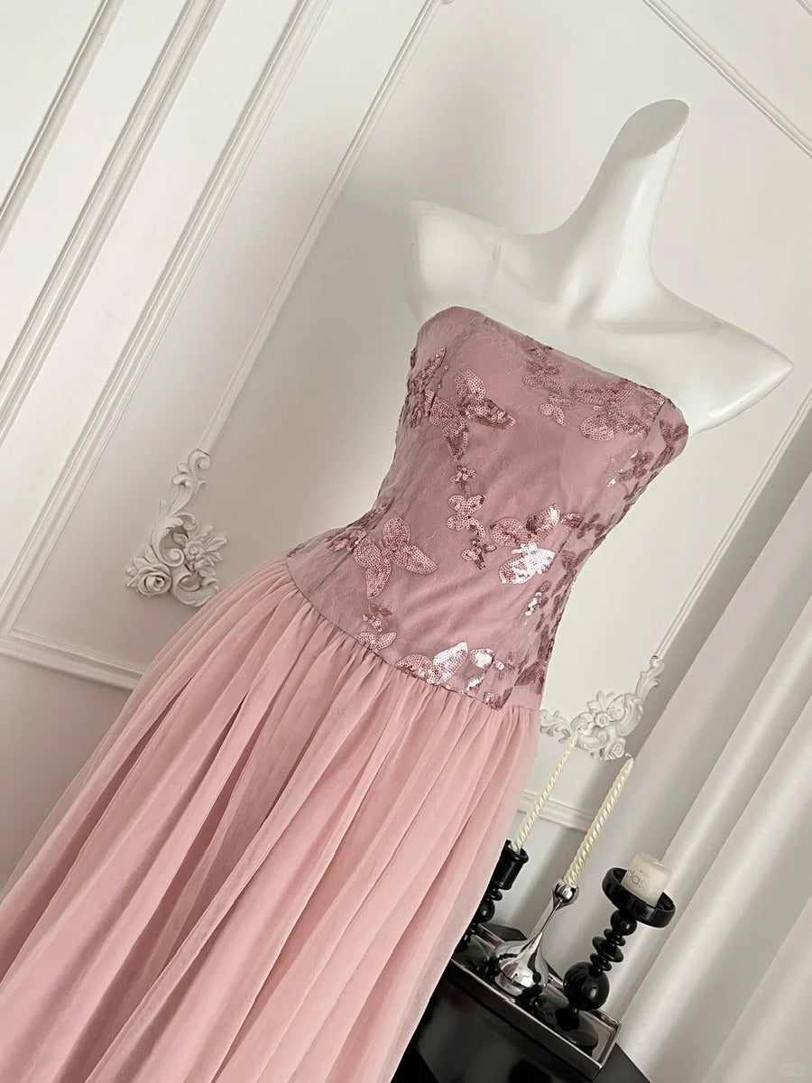Elegant Pink A-Line Tube Top Sequined Tulle Long Classy Prom Dress Bridesmaid Dress