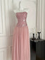 Elegant Pink A-Line Tube Top Sequined Tulle Long Classy Prom Dress Bridesmaid Dress