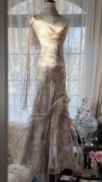 Elegant Pink Chiffon Lotus Beaded Mermaid Long Prom Dress