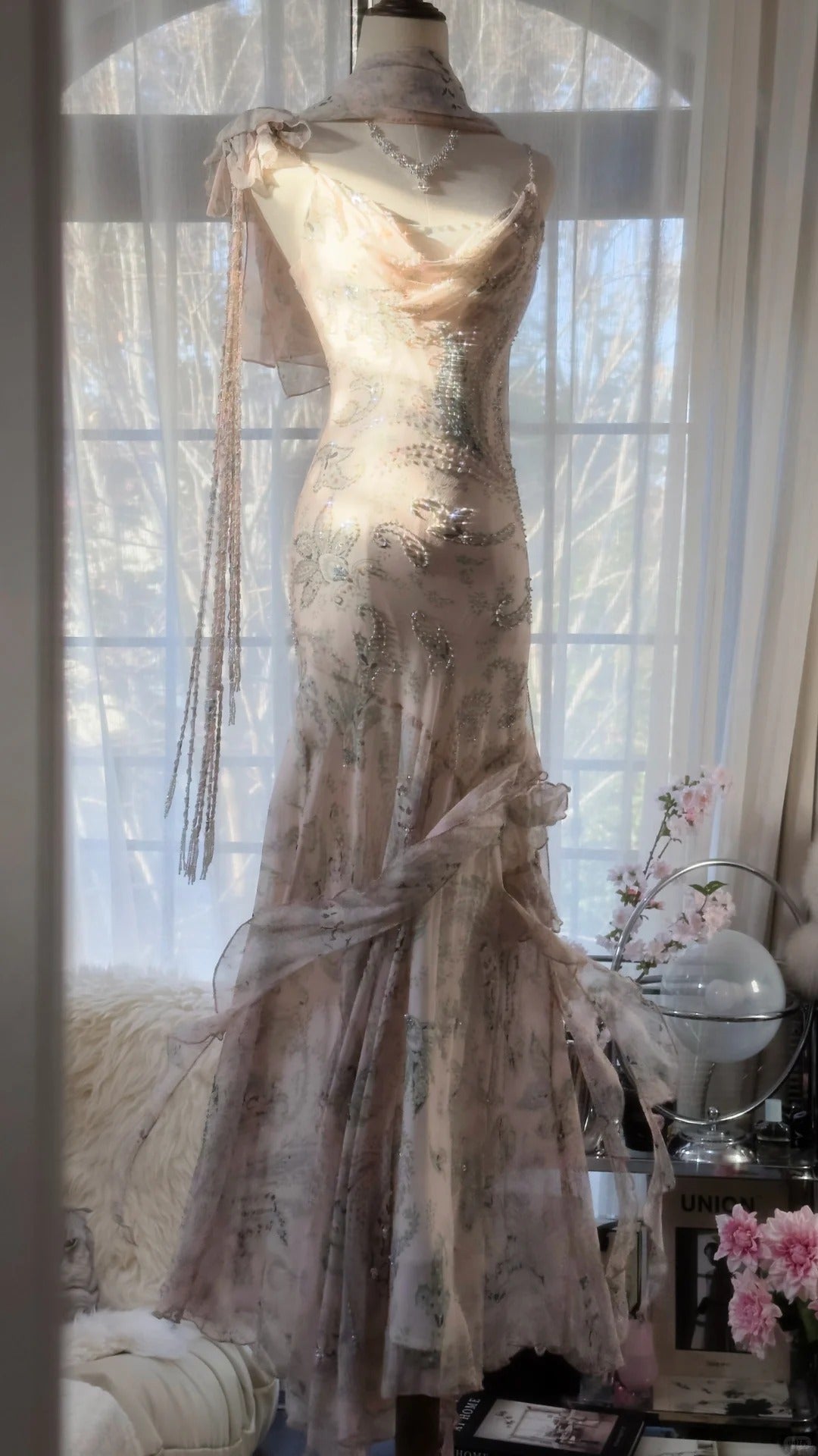 Elegant Pink Chiffon Lotus Beaded Mermaid Long Prom Dress
