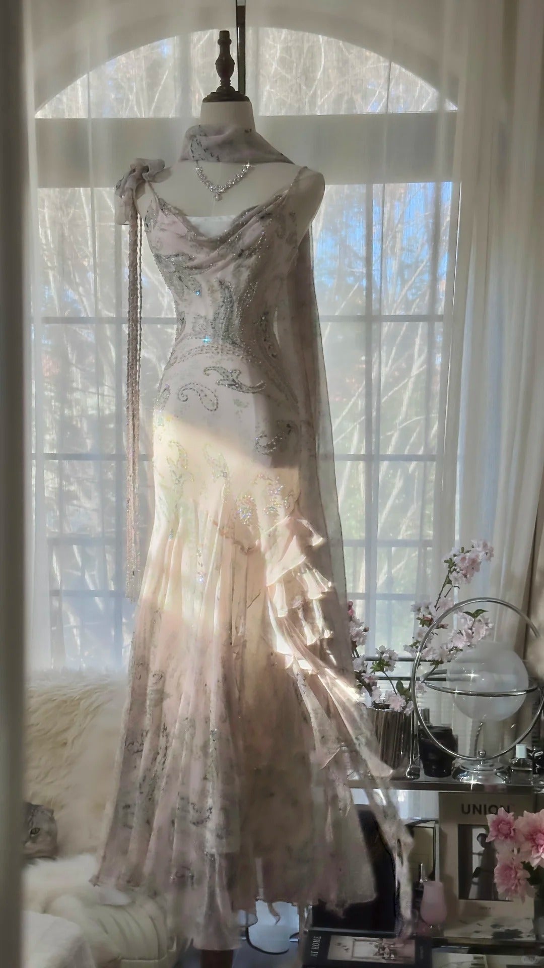 Elegant Pink Chiffon Lotus Beaded Mermaid Long Prom Dress