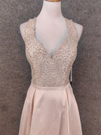 Elegant Pink Halter Neck V-Neck Rhinestone Lace Satin Long Classy Prom Dress