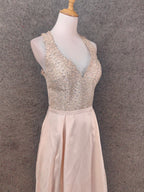 Elegant Pink Halter Neck V-Neck Rhinestone Lace Satin Long Classy Prom Dress