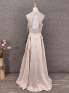Elegant Pink Halter Neck V-Neck Rhinestone Lace Satin Long Classy Prom Dress