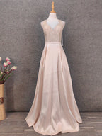 Elegant Pink Halter Neck V-Neck Rhinestone Lace Satin Long Classy Prom Dress