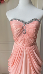 Elegant Pink Heart Neckline Rhinestone Chiffon Long Classy Prom Dress