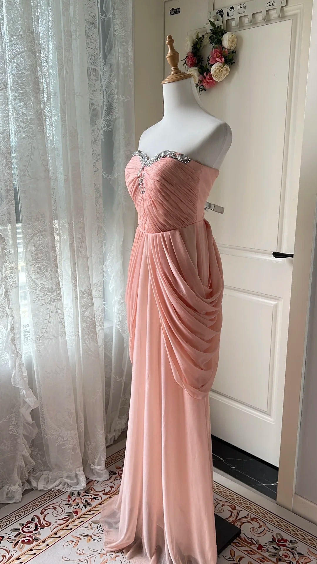 Elegant Pink Heart Neckline Rhinestone Chiffon Long Classy Prom Dress