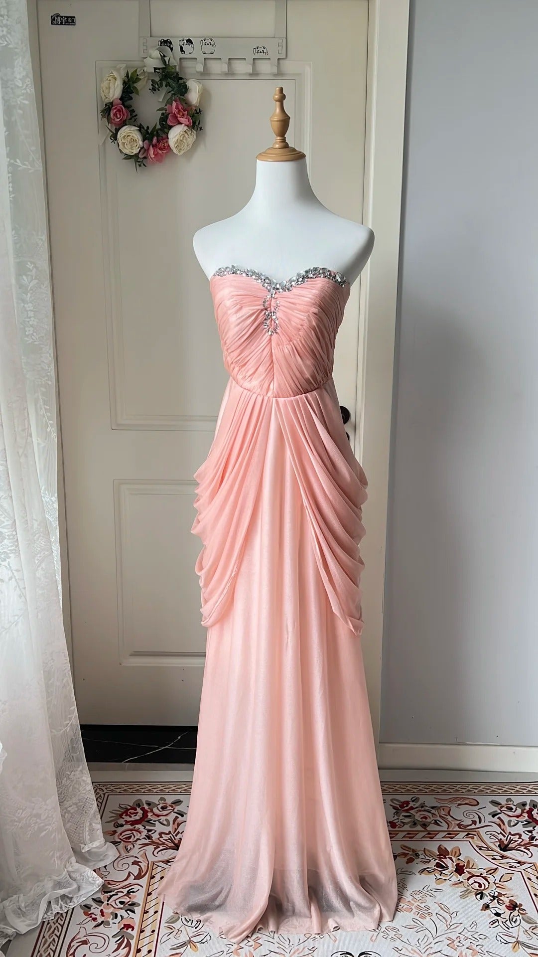 Elegant Pink Heart Neckline Rhinestone Chiffon Long Classy Prom Dress Main image