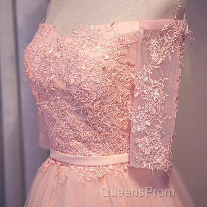 Elegant Pink Lace Appliques Off The Shoulder Tulle Bridesmaid Dress Short Secondary image