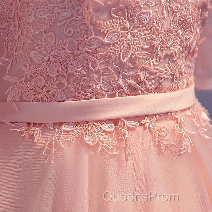 Elegant Pink Lace Appliques Off The Shoulder Tulle Bridesmaid Dress Short