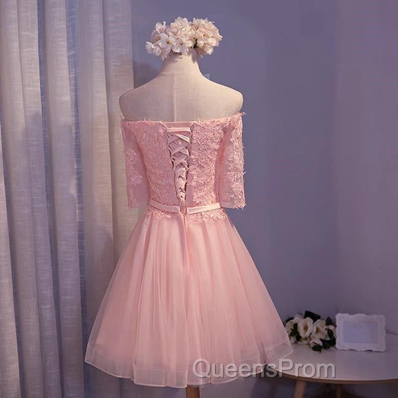 Elegant Pink Lace Appliques Off The Shoulder Tulle Bridesmaid Dress Short