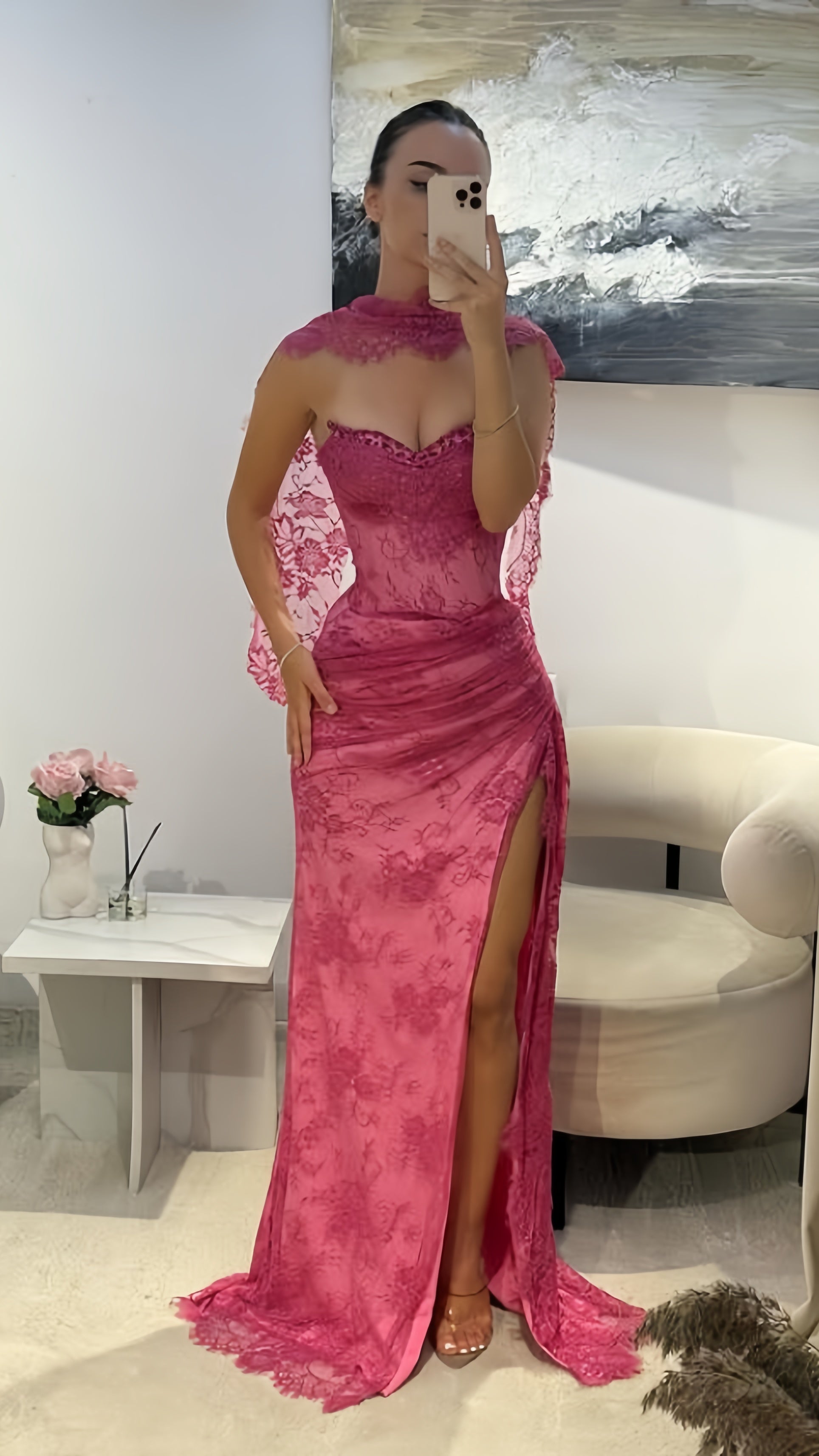 Elegant Pink Lace Mermaid Classy Prom Dress Long Classy Evening Party Dress With Slit, Secondary image