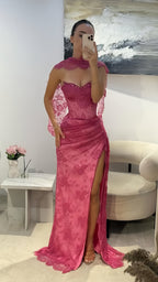 Elegant Pink Lace Mermaid Classy Prom Dress Long Classy Evening Party Dress With Slit,