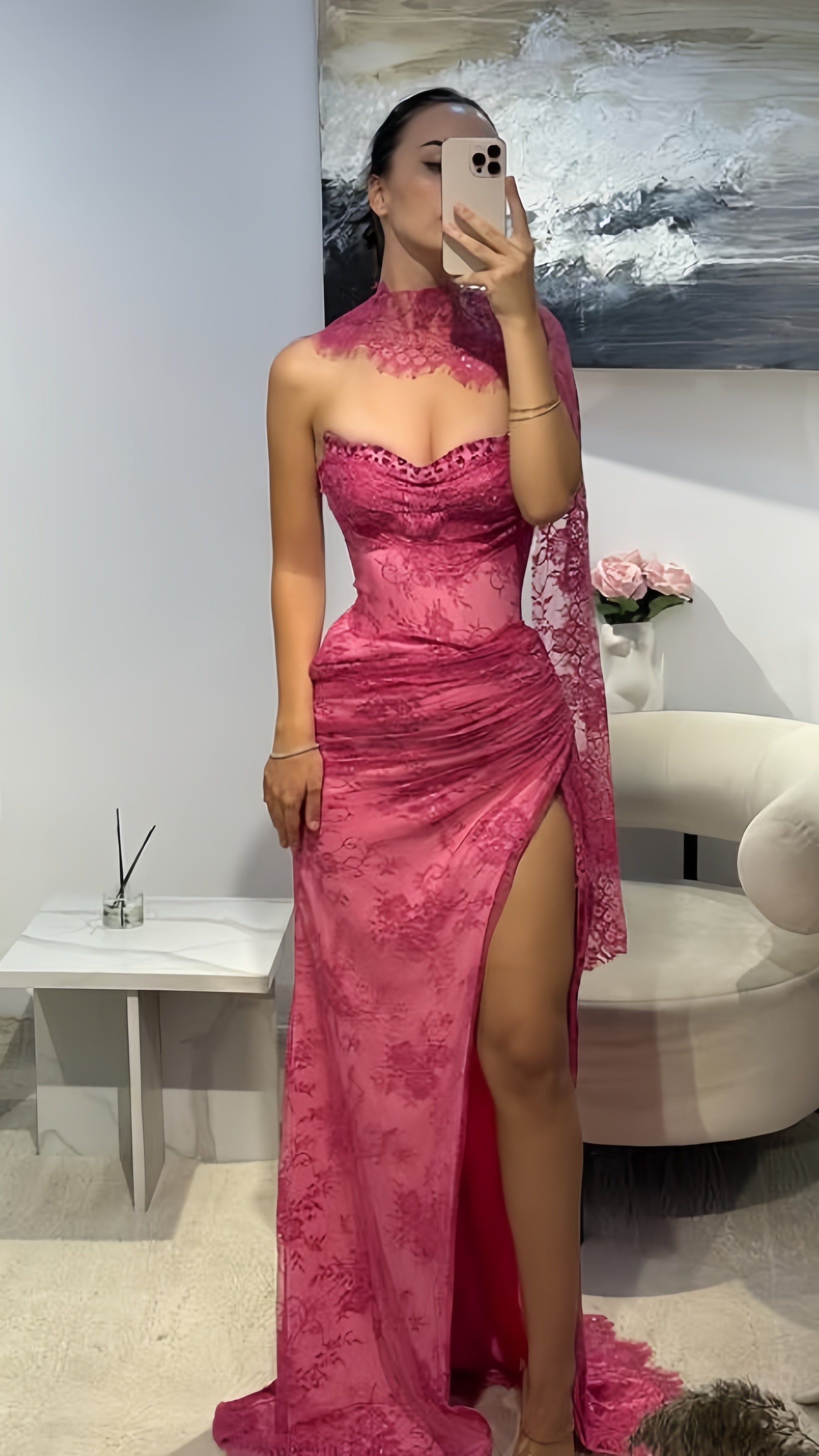 Elegant Pink Lace Mermaid Classy Prom Dress Long Classy Evening Party Dress With Slit,