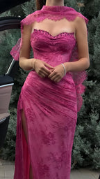 Elegant Pink Lace Mermaid Classy Prom Dress Long Classy Evening Party Dress With Slit,