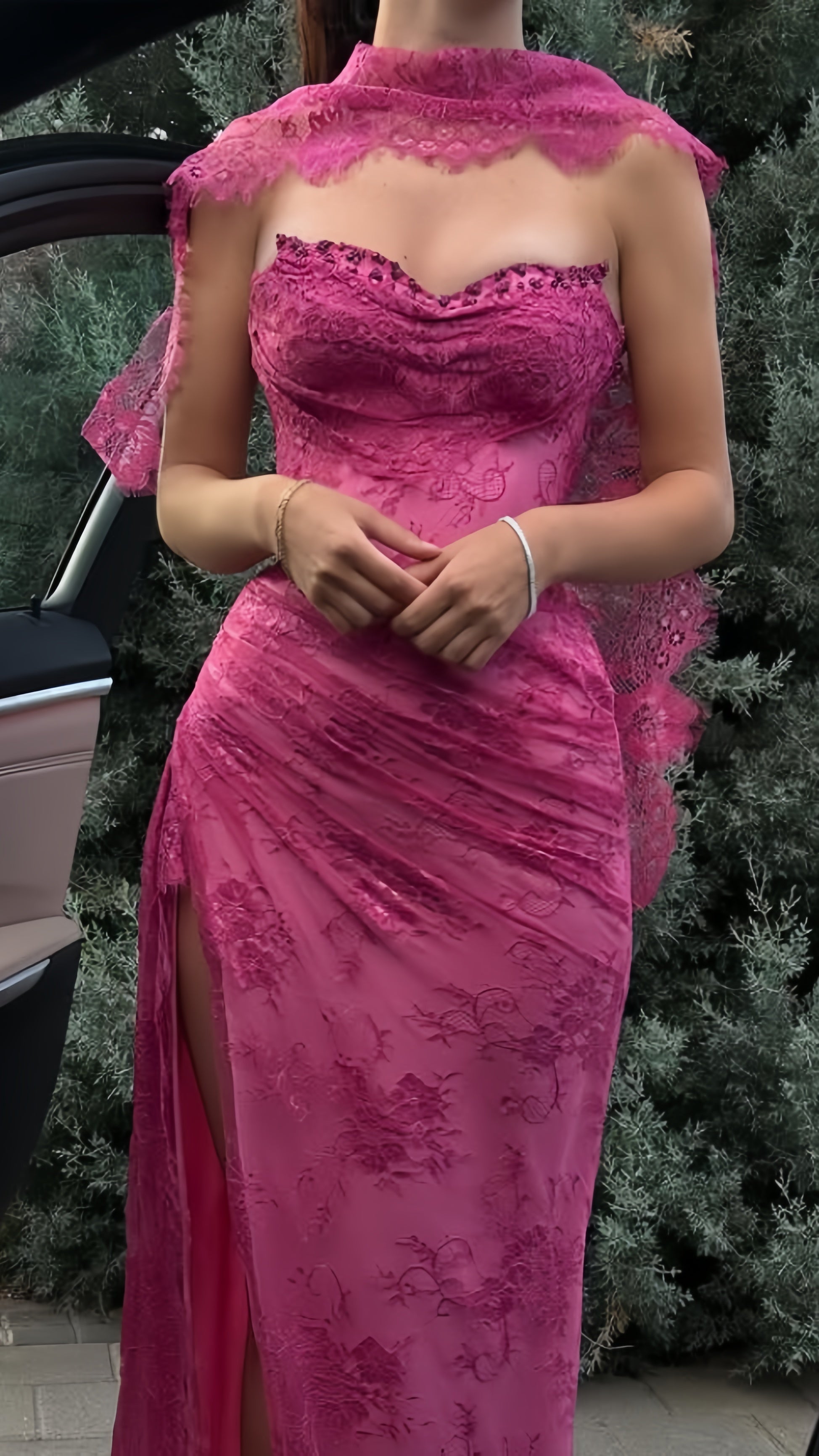 Elegant Pink Lace Mermaid Classy Prom Dress Long Classy Evening Party Dress With Slit,