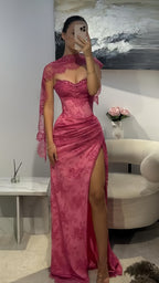 Elegant Pink Lace Mermaid Classy Prom Dress Long Classy Evening Party Dress With Slit,