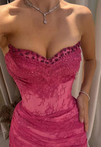 Elegant Pink Lace Mermaid Classy Prom Dress Long Classy Evening Party Dress With Slit,