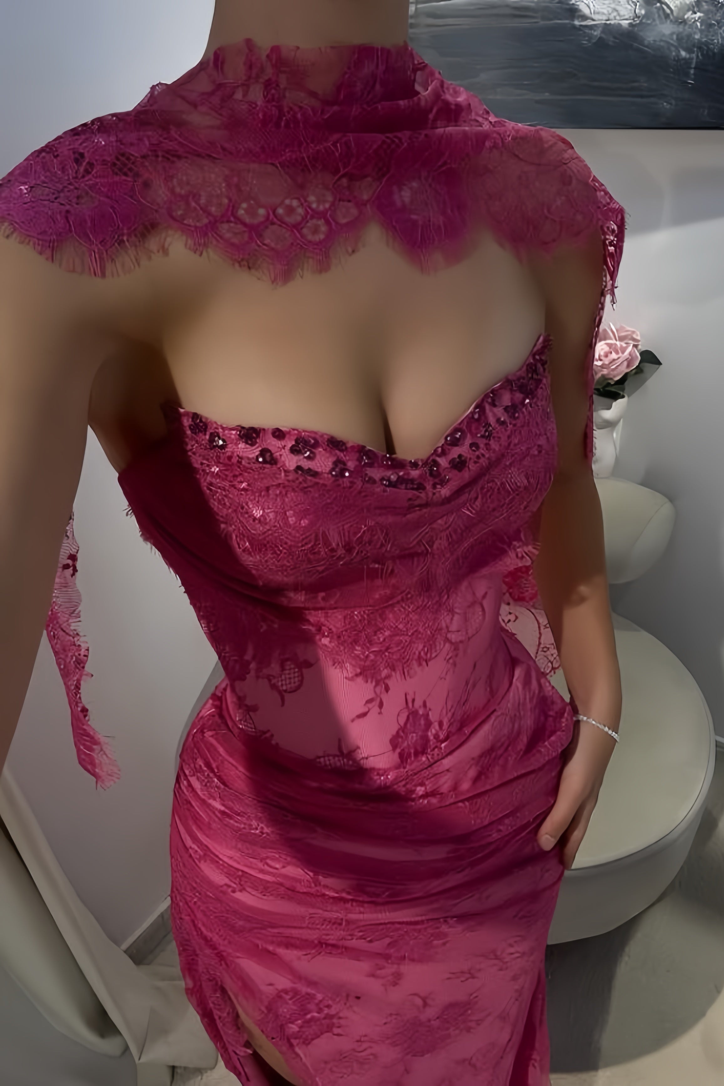 Elegant Pink Lace Mermaid Classy Prom Dress Long Classy Evening Party Dress With Slit,
