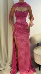 Elegant Pink Lace Mermaid Classy Prom Dress Long Classy Evening Party Dress With Slit,
