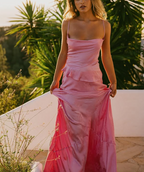 Pink Fashion Lazy Spaghetti Straps Elegant Long Satin Two Piece Classy Prom Dress Classy Evening Dress Party Dress Wedding Holiday Birthday Party Dress