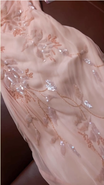 Elegant Pink Mermaid Draped Collar Leaf Sequin Beaded Chiffon Long Classy Prom Dress
