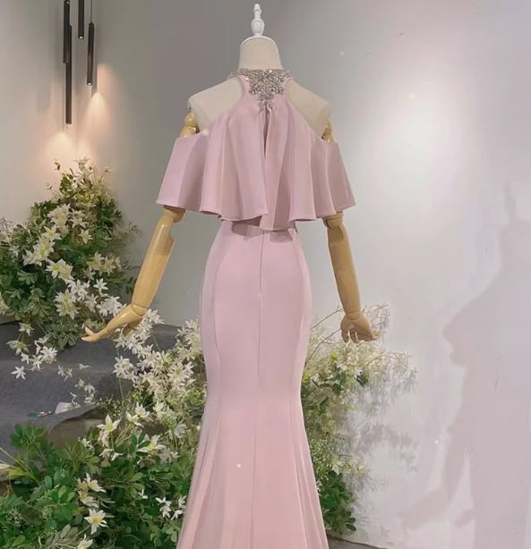 Elegant Pink Mermaid Halter Neck Ruffled Satin Train Classy Prom Dress Secondary image