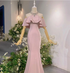 Elegant Pink Mermaid Halter Neck Ruffled Satin Train Classy Prom Dress