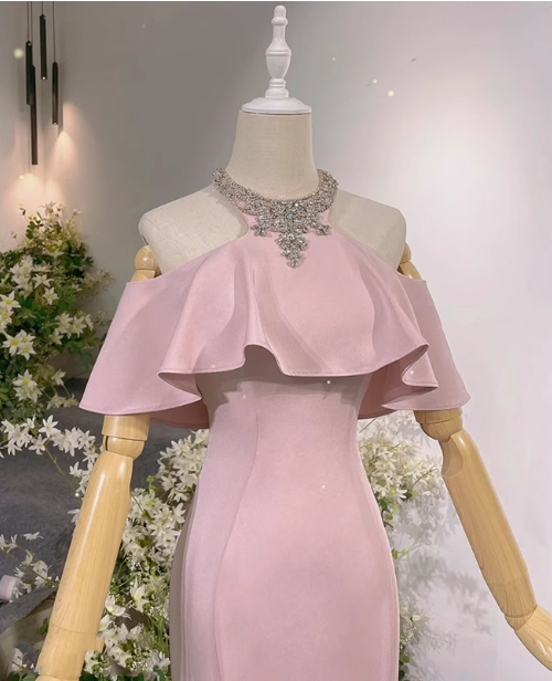 Elegant Pink Mermaid Halter Neck Ruffled Satin Train Classy Prom Dress