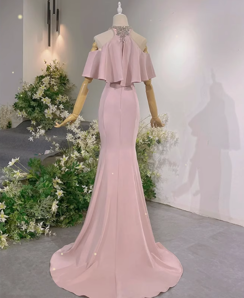Elegant Pink Mermaid Halter Neck Ruffled Satin Train Classy Prom Dress