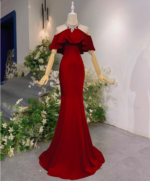 Elegant Pink Mermaid Halter Neck Ruffled Satin Train Classy Prom Dress