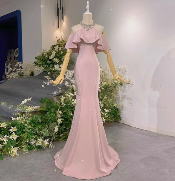 Elegant Pink Mermaid Halter Neck Ruffled Satin Train Classy Prom Dress