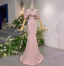 Elegant Pink Mermaid Halter Neck Ruffled Satin Train Classy Prom Dress