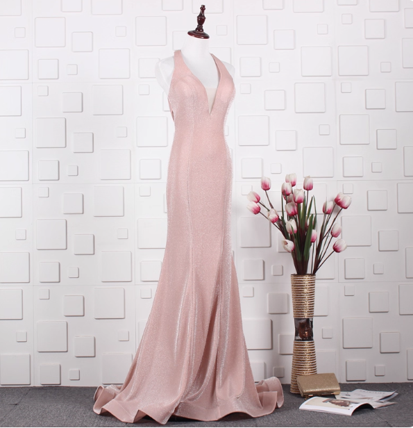 Elegant Pink Mermaid Halter V-Neck Satin Train Classy Prom Dress
