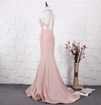Elegant Pink Mermaid Halter V-Neck Satin Train Classy Prom Dress