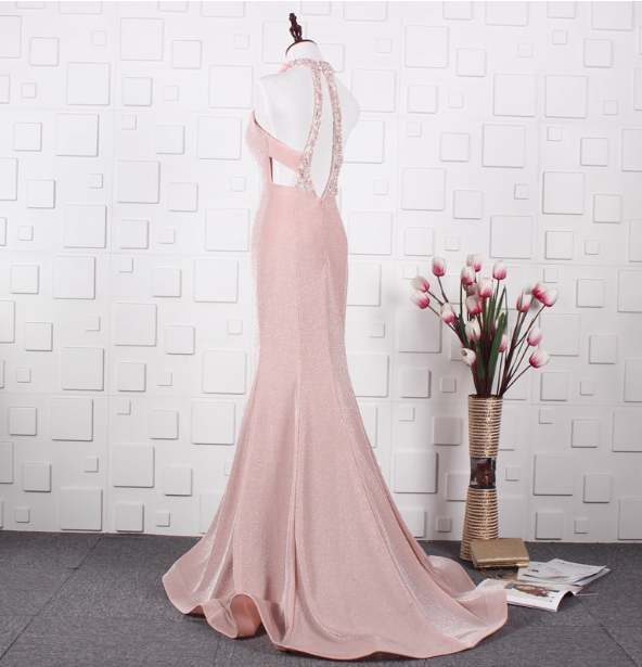 Elegant Pink Mermaid Halter V-Neck Satin Train Classy Prom Dress