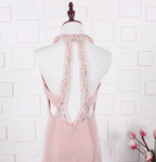 Elegant Pink Mermaid Halter V-Neck Satin Train Classy Prom Dress