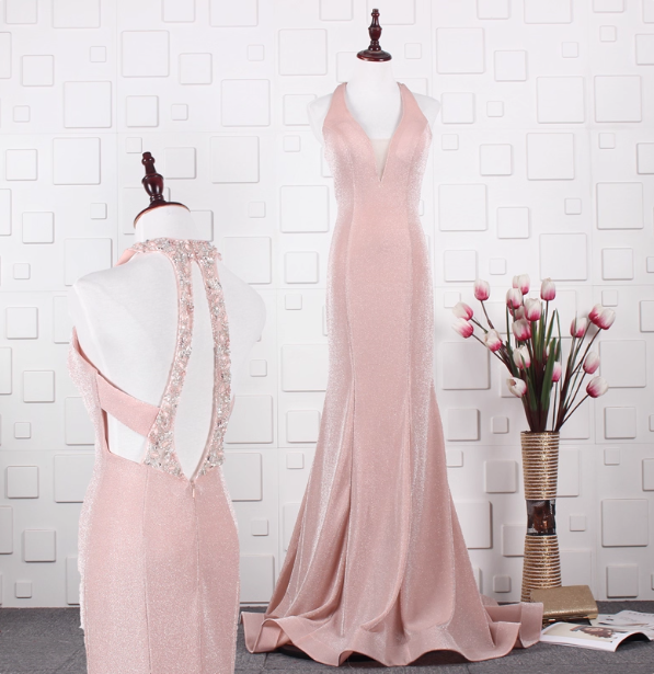 Elegant Pink Mermaid Halter V-Neck Satin Train Classy Prom Dress Main image