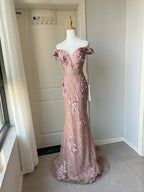 Elegant Pink Mermaid Off-Shoulder 3D Floral Sequined Classy Prom Dress