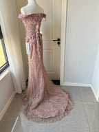 Elegant Pink Mermaid Off-Shoulder 3D Floral Sequined Classy Prom Dress