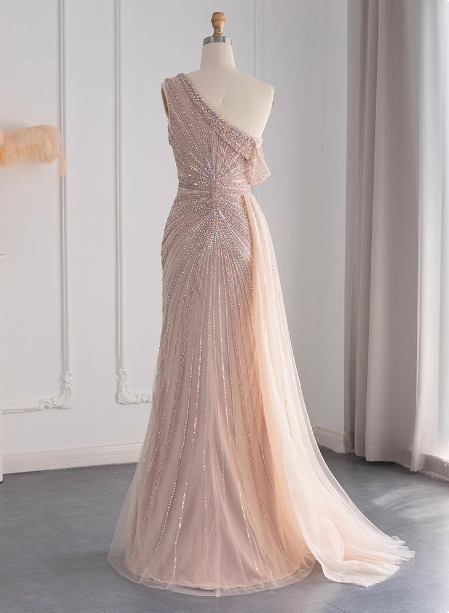 Elegant Pink Mermaid One-Shoulder Beaded Tulle Slit Train Classy Prom Dress Secondary image