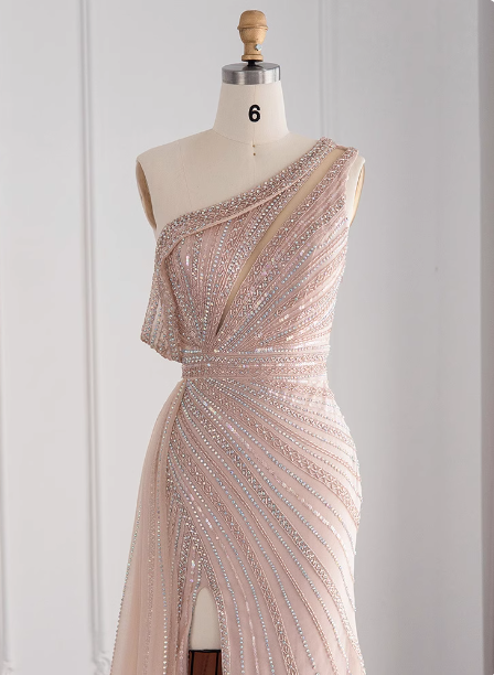 Elegant Pink Mermaid One-Shoulder Beaded Tulle Slit Train Classy Prom Dress