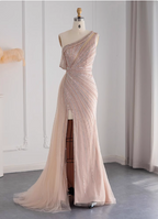Elegant Pink Mermaid One-Shoulder Beaded Tulle Slit Train Classy Prom Dress