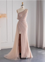 Elegant Pink Mermaid One-Shoulder Beaded Tulle Slit Train Classy Prom Dress