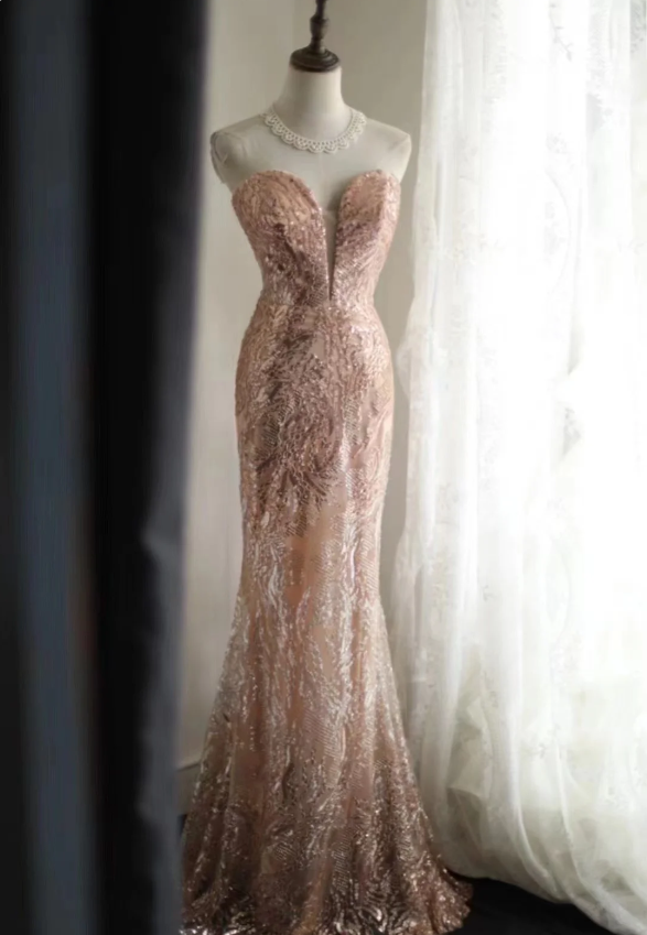 Elegant Pink Mermaid Sequined Classy Prom Dress