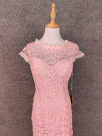 Elegant Pink Mermaid Short Sleeve Crew Neck Cutout Lace Long Classy Prom Dress